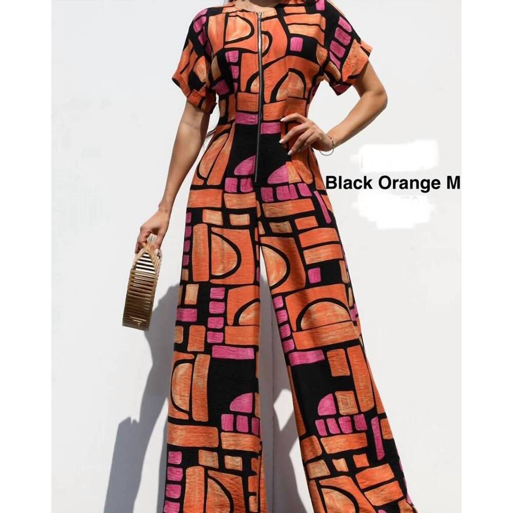 NEW DRESS DAY printed loose fit front zip jumpsuit in orange